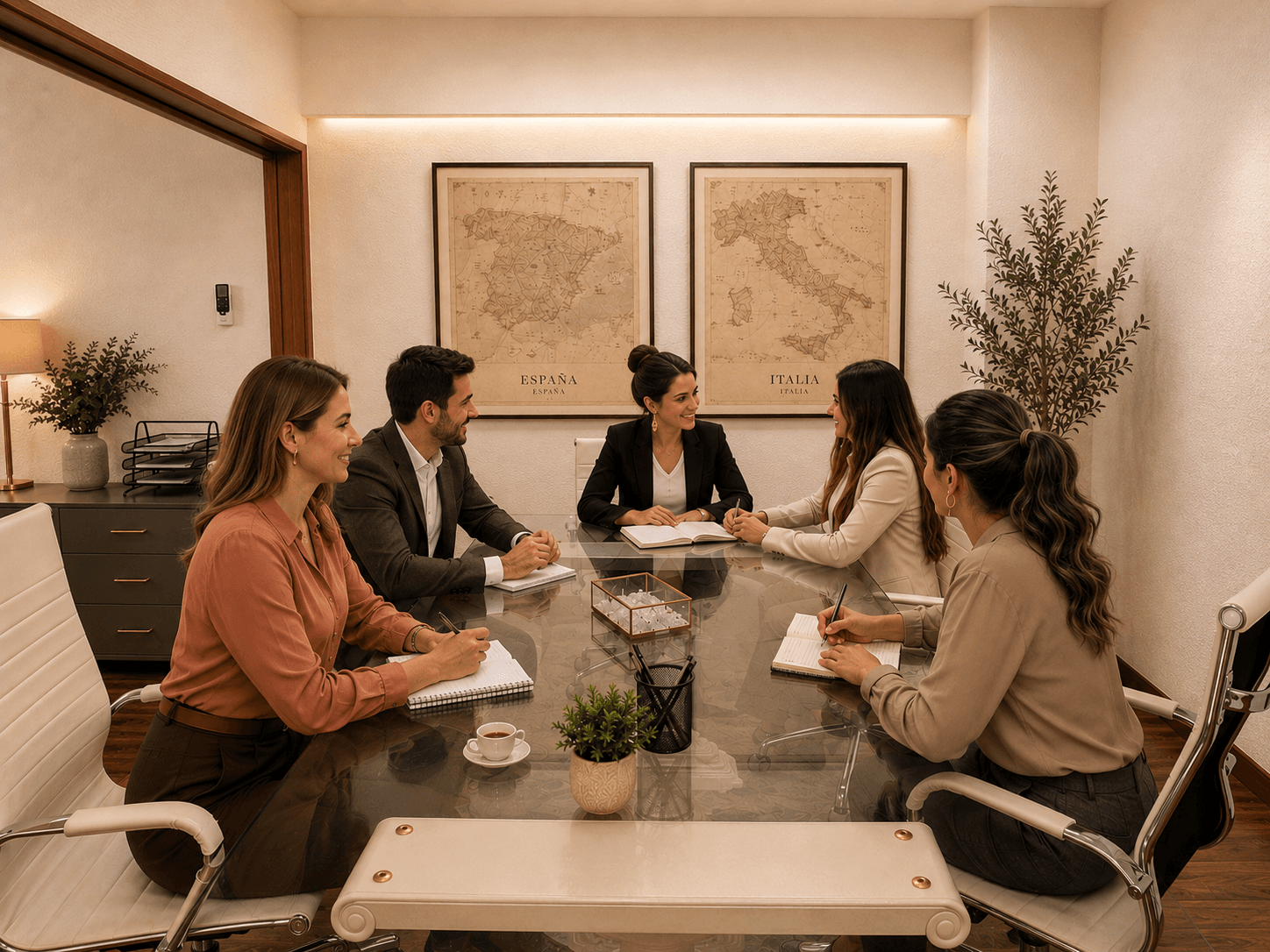 Equipo de Grupo Gestari en reunión con el logo de la empresa.