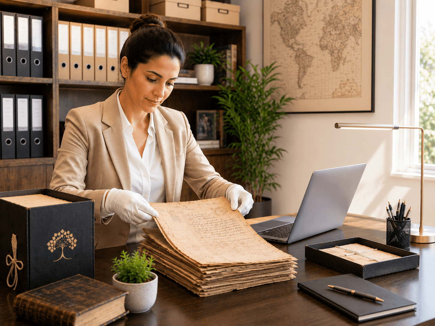 Profesional revisando documentación histórica con guantes de archivo.