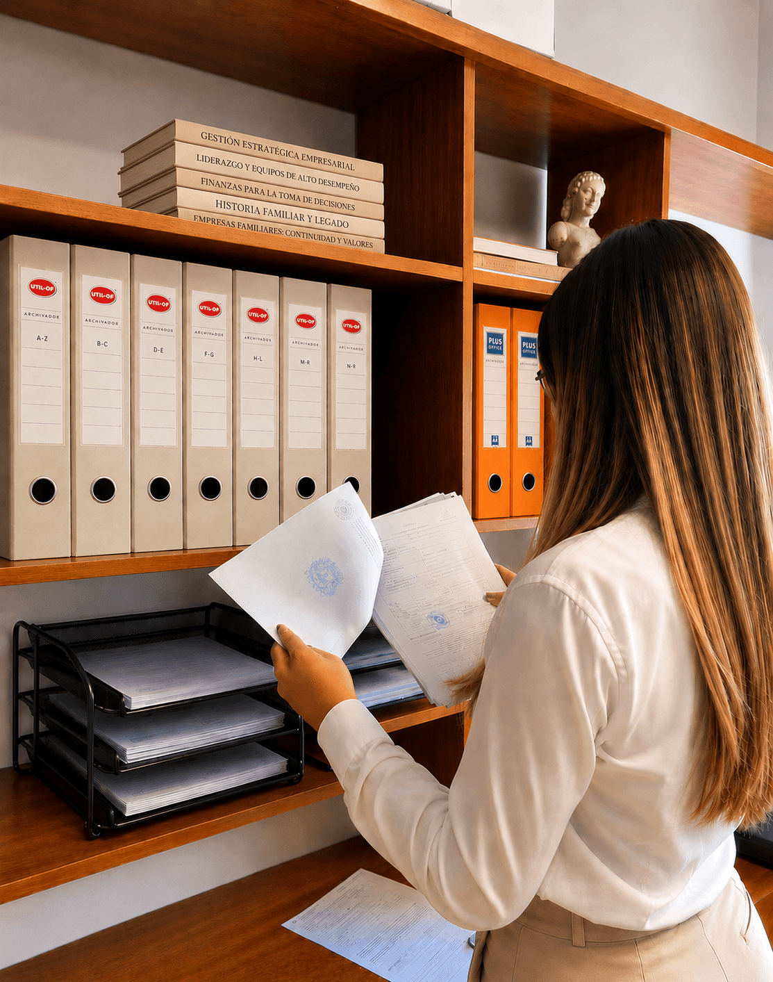 Profesional revisando documentación en archivadores organizados.